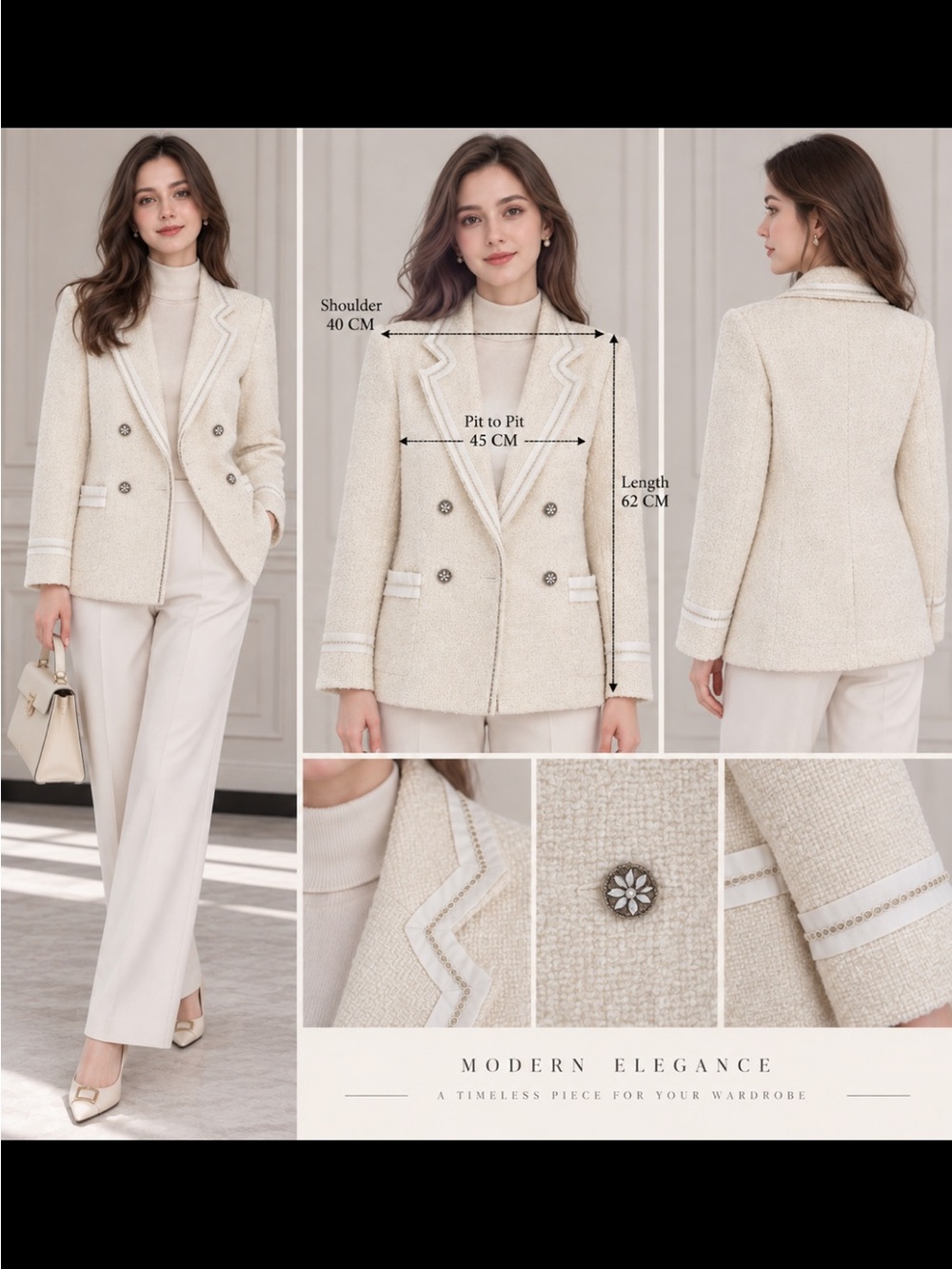 Women’s Cream Bouclé Double-Breasted Blazer Jacket